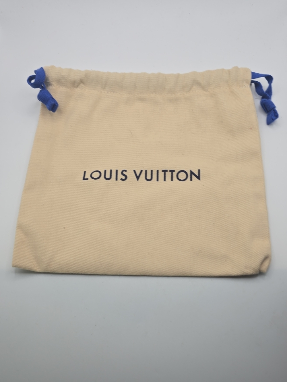 Louis Vuitton Beige Pouch with Blue Drawstrings 8"×8"